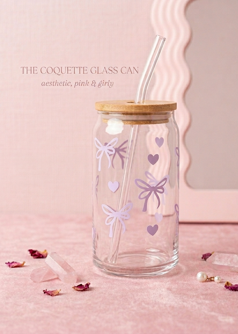 Bow Tie & Heart Glass Cans - Aesthetic Coffee Glass