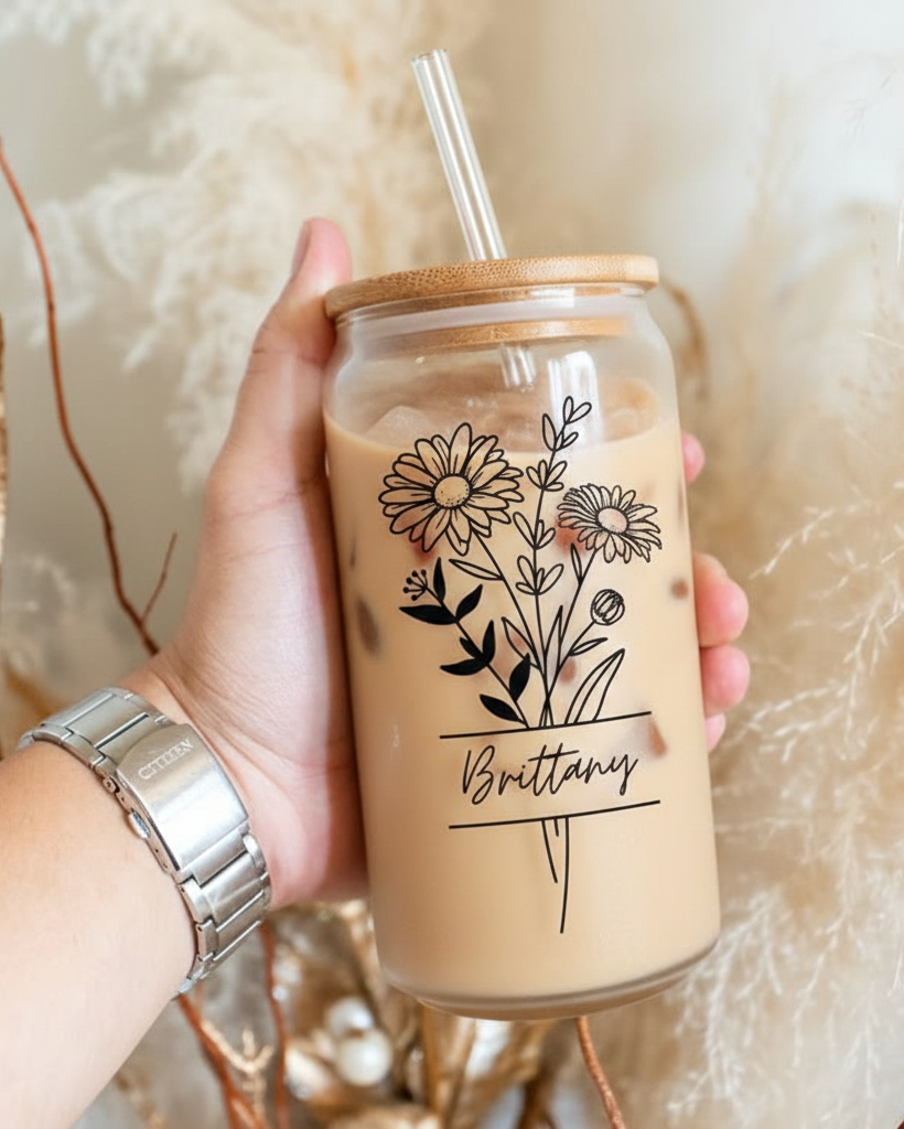 Personalized Floral Glass Can – Custom Name Aesthetic Glass Tumbler