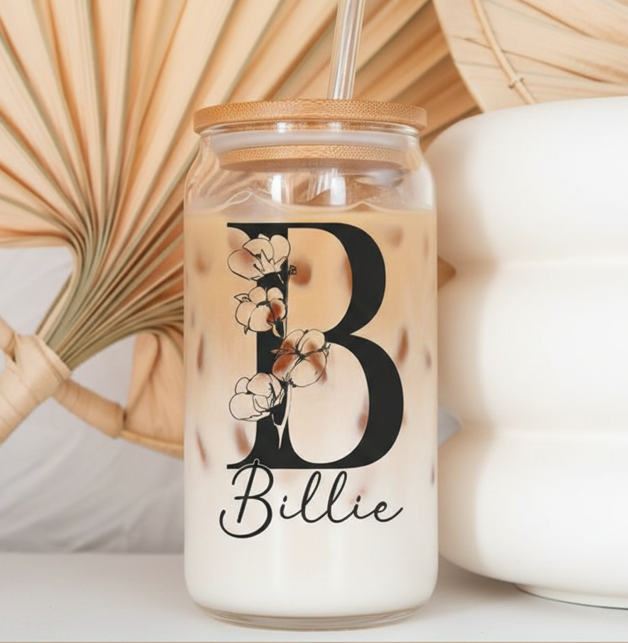 Personalized Floral Initial Glass Can – Custom Name Aesthetic Glass Tumbler