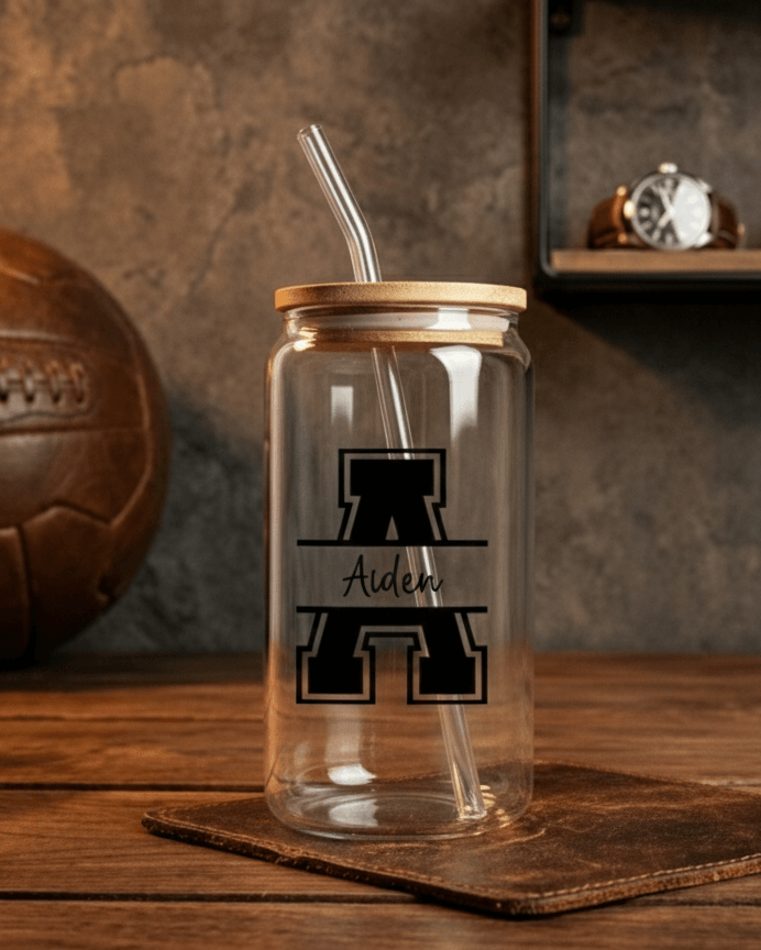 Custom Name Minimal Glass Can – Aesthetic Coffee & Hydration Cup for Men
