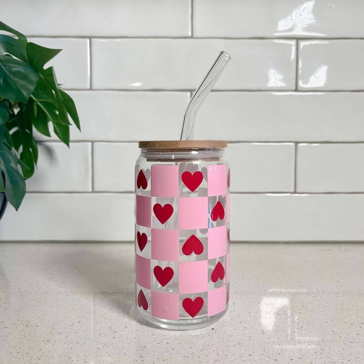 Checkered Heart Glass Can