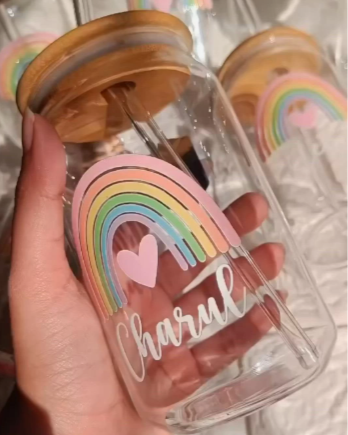 Personalized Rainbow Name Glass Can – Cute Aesthetic Coffee Cup for Kids