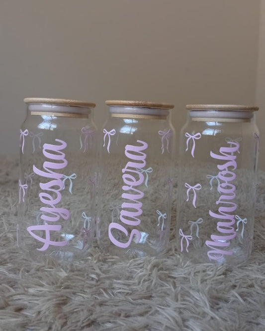 Coquette Bow Personalized Glass Can – Custom Name Aesthetic Coffee Cup