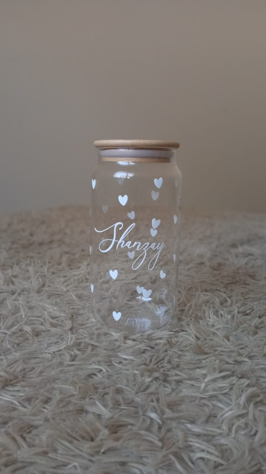 Personalized Name Glass Can with White Hearts – Cute Aesthetic Coffee Cup