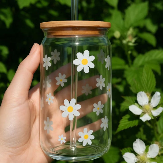 White Floral Glass Cans - Aesthetic Coffee Glass