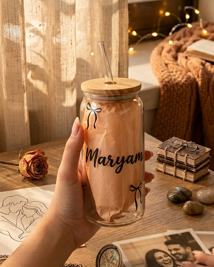 Coquette Bow Personalized Glass Can – Custom Name Aesthetic Coffee Cup