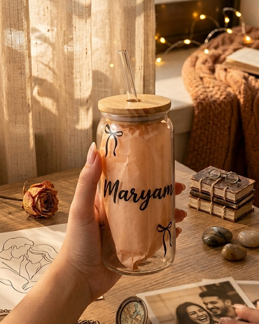 Coquette Bow Personalized Glass Can – Custom Name Aesthetic Coffee Cup
