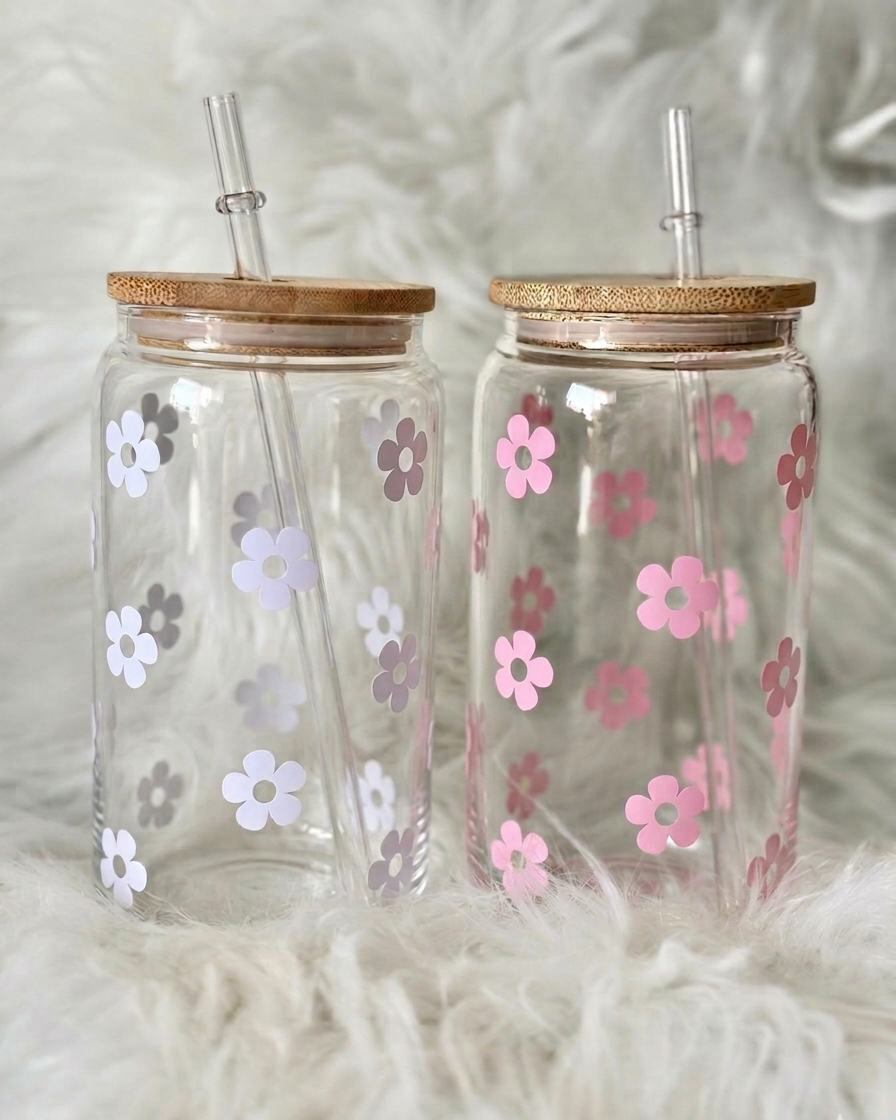 White & Pink Flowers Glass Cans (Set of 2) - Aesthetic Coffee Glass