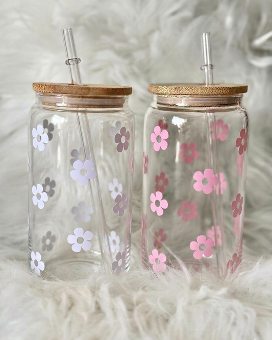 White & Pink Flowers Glass Cans (Set of 2) - Aesthetic Coffee Glass