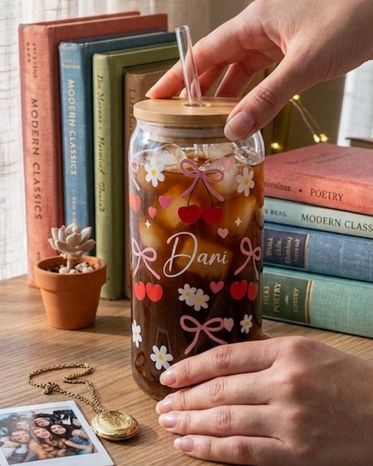 Cherry Bloom Custom Glass Can – Personalized Aesthetic Hydration Glass