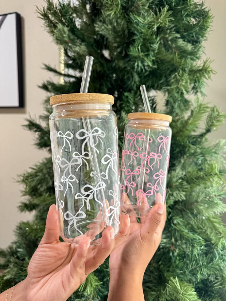 White & Pink Bow Tie Glass Cans (Set of 2) - Aesthetic Coffee Glass