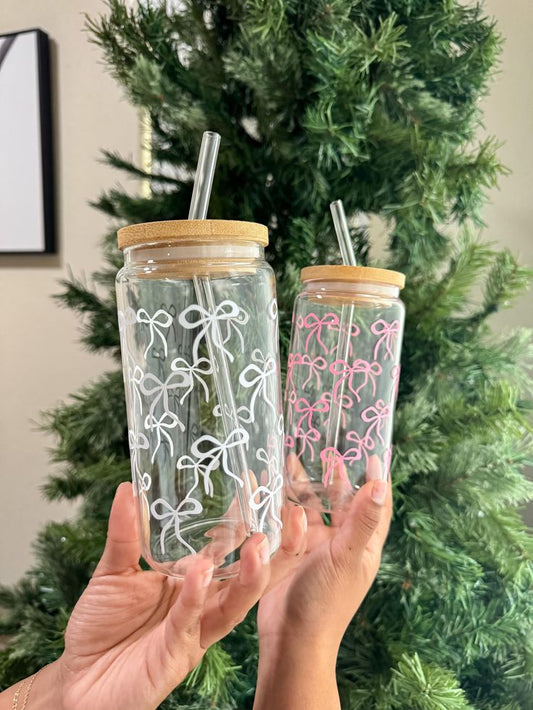 White & Pink Bow Tie Glass Cans (Set of 2) - Aesthetic Coffee Glass