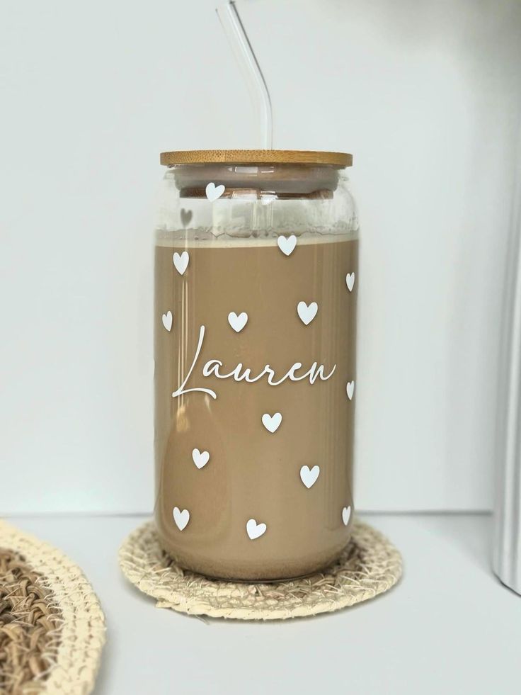 Personalized Name Glass Can with White Hearts – Cute Aesthetic Coffee Cup