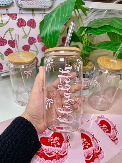 Coquette Bow Personalized Glass Can – Custom Name Aesthetic Coffee Cup