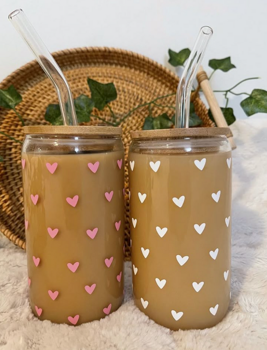 White & Pink Heart Glass Cans (Set of 2) - Aesthetic Coffee Glass