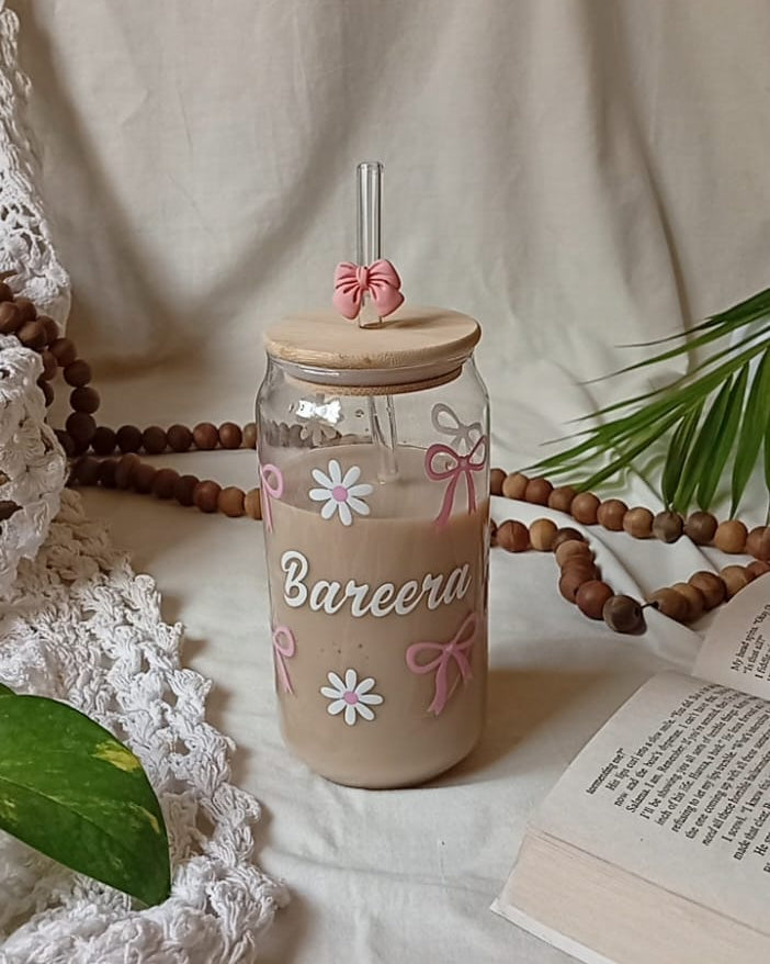 The Blossom Belle Glass Can – Personalized Floral Bow Edition with Name