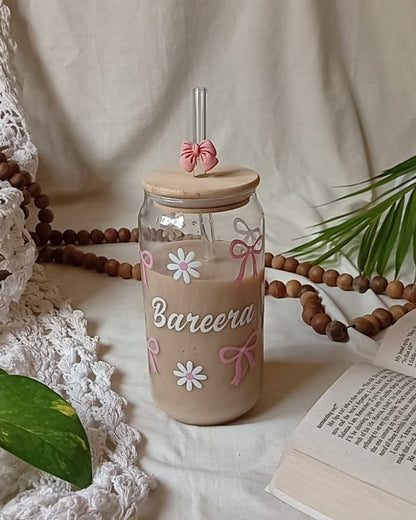 The Blossom Belle Glass Can – Personalized Floral Bow Edition with Name