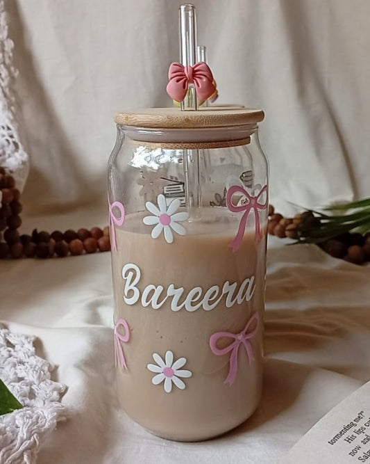 The Blossom Belle Glass Can – Personalized Floral Bow Edition with Name