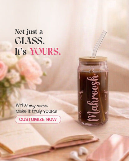 Coquette Bow Personalized Glass Can – Custom Name Aesthetic Coffee Cup