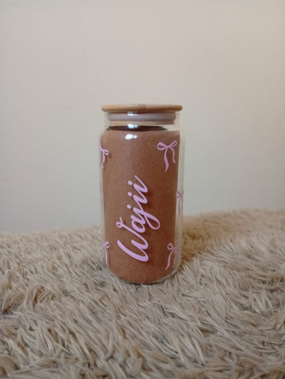Coquette Bow Personalized Glass Can – Custom Name Aesthetic Coffee Cup