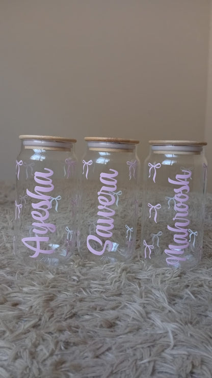Coquette Bow Personalized Glass Can – Custom Name Aesthetic Coffee Cup
