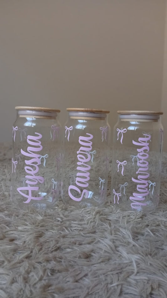 Coquette Bow Personalized Glass Can – Custom Name Aesthetic Coffee Cup