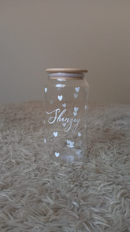 Personalized Name Glass Can with White Hearts – Cute Aesthetic Coffee Cup