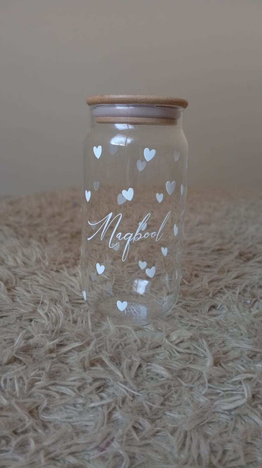 Personalized Name Glass Can with White Hearts – Cute Aesthetic Coffee Cup