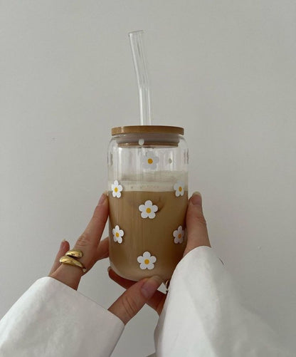 White Floral Glass Cans - Aesthetic Coffee Glass