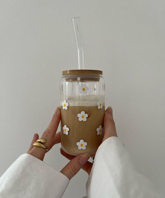 White Floral Glass Cans - Aesthetic Coffee Glass